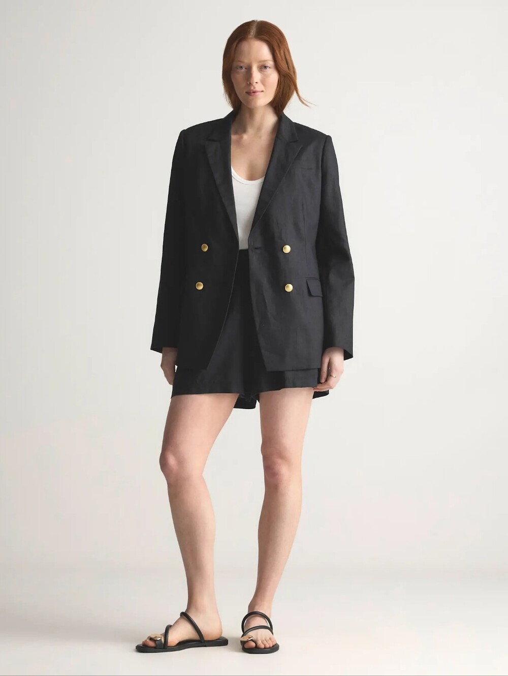Quince European Linen Womens Black Double-Breasted Relaxed Blazer NWT